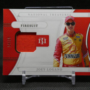 Packaging for a racing memorabilia card showing Joey Logano in a yellow Pennzoil race suit with red accents and 'National Treasures' branding.