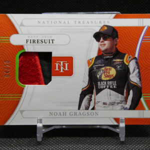 Trading card featuring Noah Gragson in a race suit, with 'Firesuit' label and National Treasures branding on an orange background.