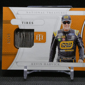 Trading card box featuring NASCAR driver Kevin Harvick in a racing suit, with orange and white graphics and the words 'National Treasures' and 'TIRES'.