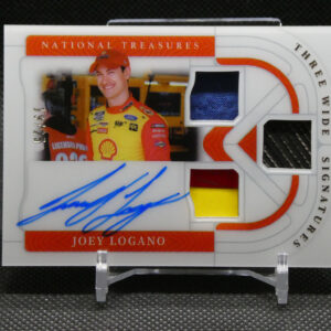 Autographed Joey Logano trading card featuring the driver in a red-yellow race suit and blue signature across the front art.