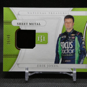 Race-used sheet metal card from National Treasures featuring NASCAR driver Erik Jones and his image on the right side.