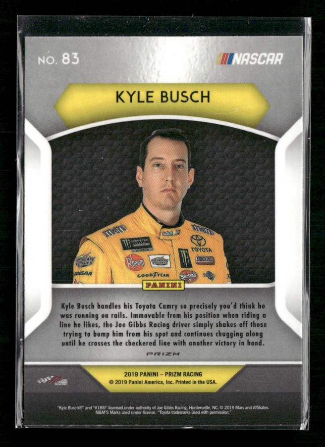 NASCAR trading card featuring Kyle Busch in a yellow racing suit; No. 83 on the card's top left area.
