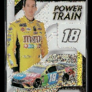 Trading card of NASCAR driver Kyle Busch in a yellow M&M's racing suit, standing beside a race car with number 18 and the words 'Power Train'.