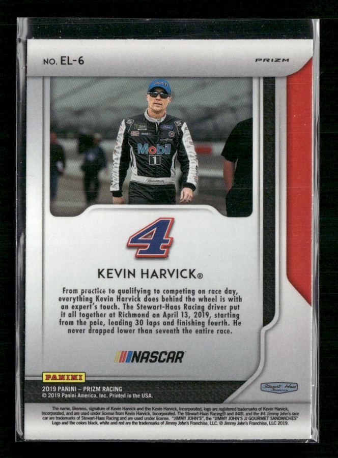 Trading card showing NASCAR driver Kevin Harvick in his No. 4 Mobil 1 suit, standing inside a white frame with logos around it.