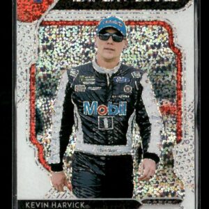 Trading card of NASCAR driver Kevin Harvick in a black Mobil racing suit, blue cap, and sunglasses, with a holographic background and 'Expert Level' at the top.