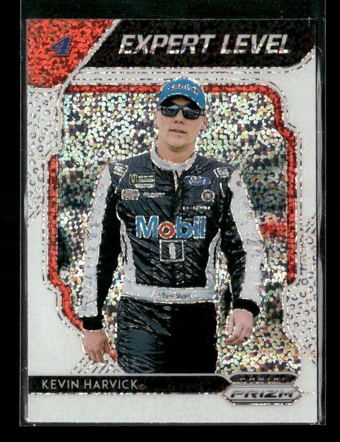 Trading card of NASCAR driver Kevin Harvick in a black Mobil racing suit, blue cap, and sunglasses, with a holographic background and 'Expert Level' at the top.