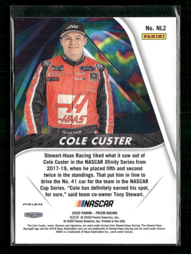 Front of a 2020 Panini NASCAR Prizm card: Cole Custer in a red Haas racing suit, No. NL2, posing for the camera.
