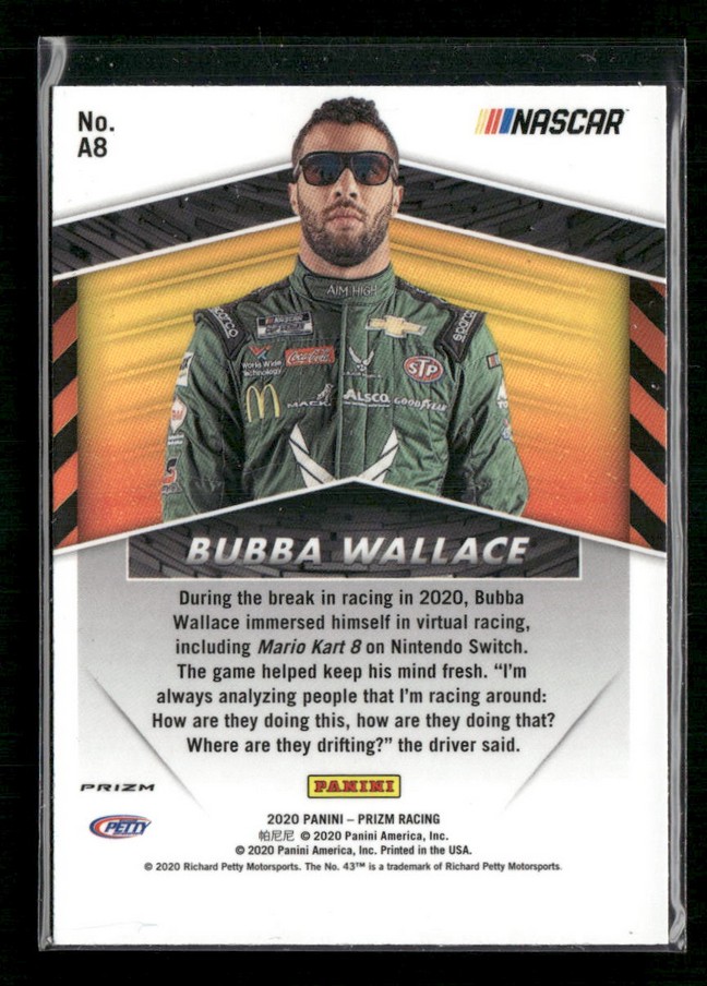 Front of Bubba Wallace NASCAR trading card: man in green racing suit with sponsor logos, sunglasses, No. A8, Panini Prizm Racing
