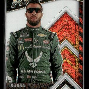 Collectible trading card showing a race car driver in a green sponsor-covered suit, with a holographic chevron background.