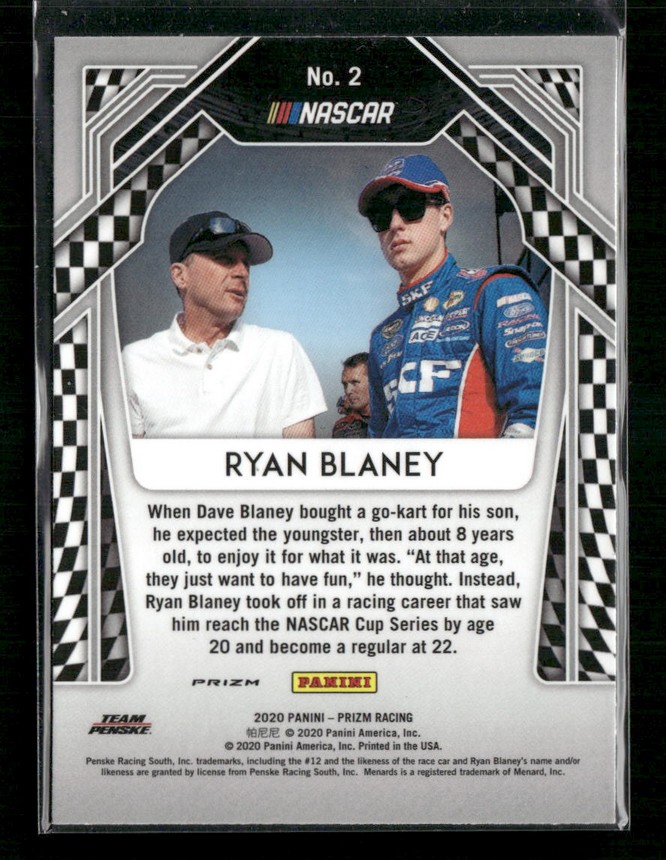 Back of a NASCAR Panini Prizm trading card featuring Ryan Blaney, with a checkered frame and a short bio about his Cup Series career