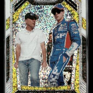 Holographic trading card showing Ryan Blaney in a blue racing suit with a man in a white polo, Prizm branding at top and 'Ryan Blaney' at bottom