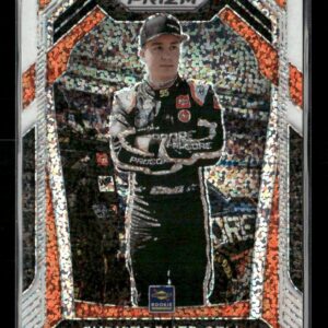 Trading card of NASCAR driver Christopher Bell in a black racing suit, with a glittery geometric Prizm border and his name at the bottom.