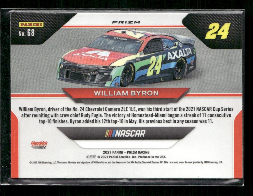 Panini Prizm NASCAR trading card featuring William Byron in #24 Axalta Chevrolet Camaro, with team branding and a bio paragraph on the card.