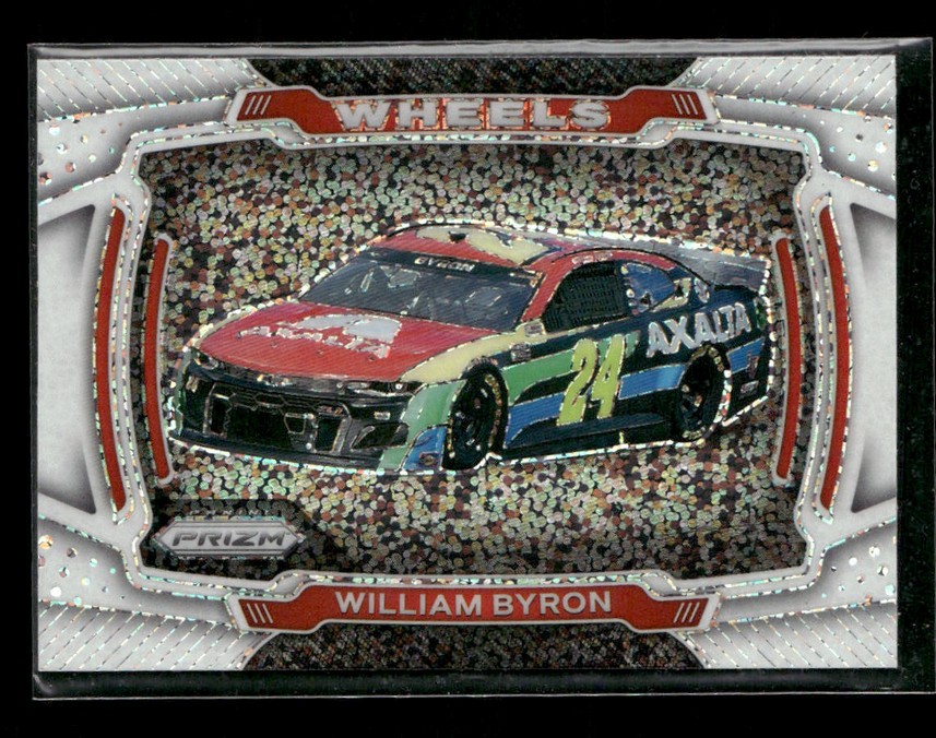 Trading card image of a race car #24 with AXALTA livery, driven by William Byron, on a glittery background framed by a Wheels border.
