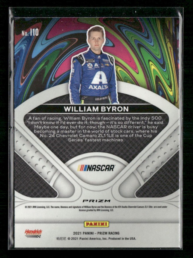 William Byron NASCAR trading card with a blue Axalta suit, colorful swirl background, and NASCAR/Panini branding.