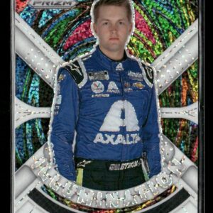 Trading card showing NASCAR driver William Byron in a blue Axalta racing suit against a holographic rainbow background,