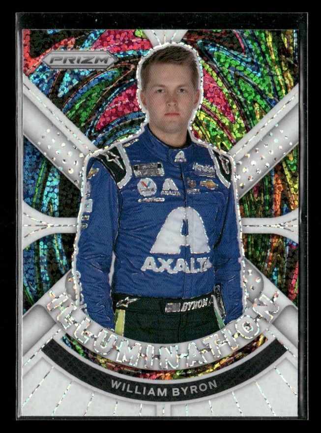 Trading card showing NASCAR driver William Byron in a blue Axalta racing suit against a holographic rainbow background,