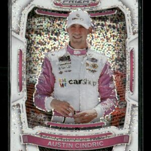 Austin Cindric trading card from the Prizm set, showing him in a pink and white racing suit with sponsor logos and a holographic confetti backdrop, smiling.