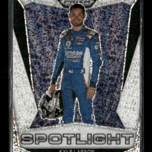Kyle Larson in a blue racing suit standing with a helmet in hand on a Prism Spotlight trading card, confetti background.
