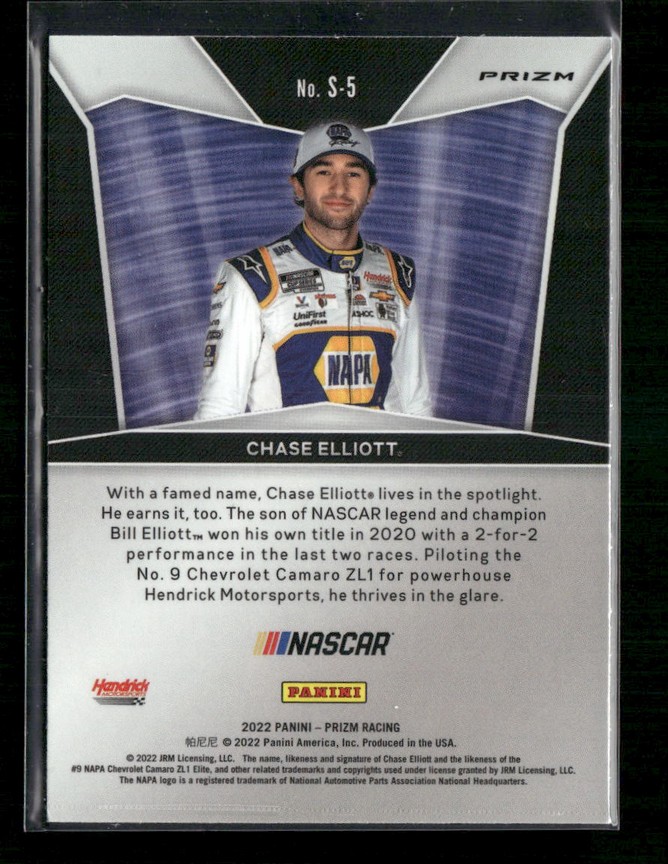 Chase Elliott NASCAR trading card front, wearing white NAPA racing suit and cap with sponsor logos.
