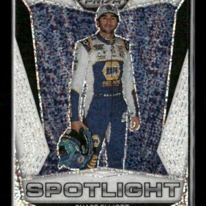 Trading card of a race car driver in a white and blue suit, holding a helmet, with 'SPOTLIGHT' text on a glittery background.