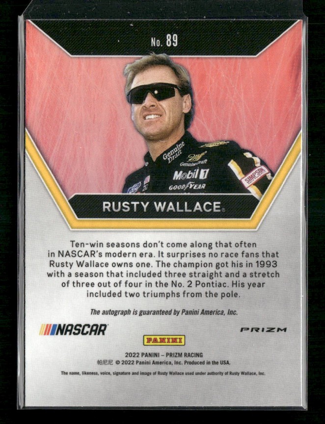Back of a Panini NASCAR trading card showing Rusty Wallace (No. 89) in a black racing suit with sunglasses; includes a bio paragraph and sponsor logos.