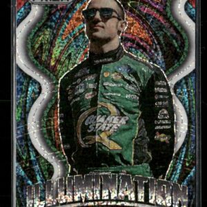 Holographic trading card of NASCAR driver Austin Cindric in a green sponsor-laden racing suit, wearing sunglasses, with a bold 'Illumination' title at the bottom.