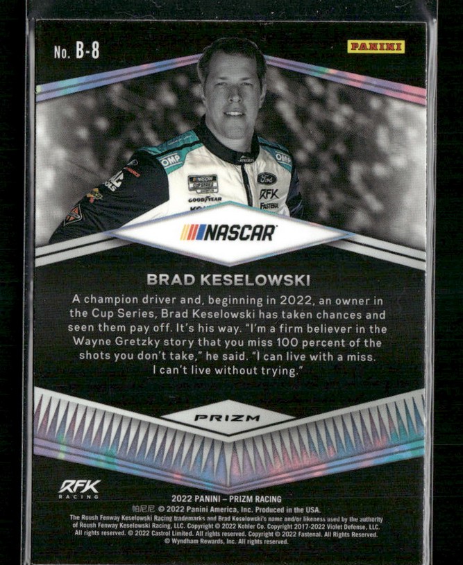 Brad Keselowski NASCAR trading card front, featuring his portrait, Panini branding, NASCAR logo, and a short bio text on a dark background.