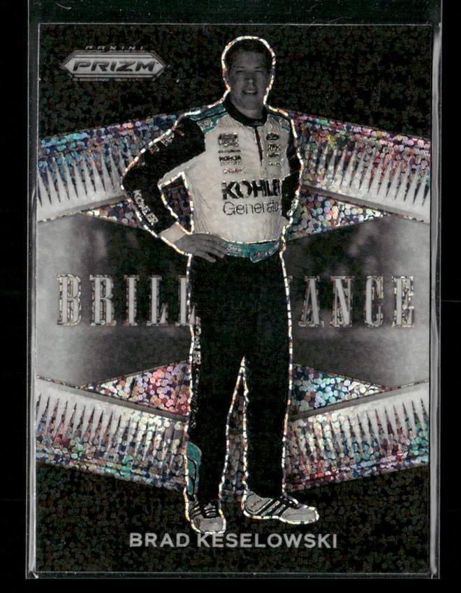 Brad Keselowski trading card, standing with hands on hips in a holographic 'Brilliance' design with his name at the bottom of the card.