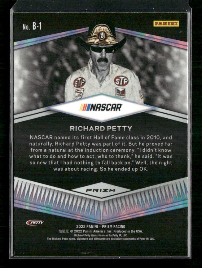 Back of a Panini NASCAR trading card for Richard Petty, showing the Nascar logo, a biography paragraph, and PRIZM branding.