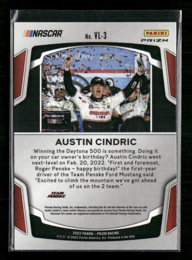 NASCAR Panini trading card featuring Austin Cindric celebrating victory with confetti, text blocks below image.