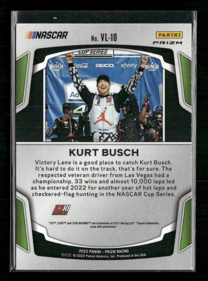 NASCAR Panini Prizm card featuring Kurt Busch celebrating in Victory Lane with Cup Series branding and bio text on the back, No. VL-10