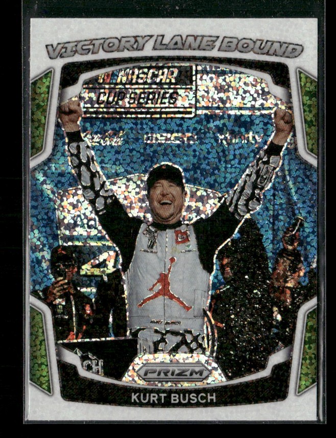 Kurt Busch celebrates victory with arms raised on a foil-bordered racing card labeled 'Victory Lane Bound.'