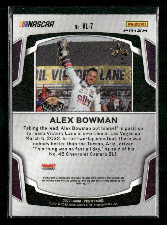 Panini NASCAR trading card featuring driver Alex Bowman celebrating in Victory Lane with trophy, layout shows his name and bio text below photography background of the track.