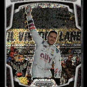Holographic NASCAR trading card of Alex Bowman in a white Ally racing suit, fist raised in victory, with a 'Victory Lane Bound' banner in the background.