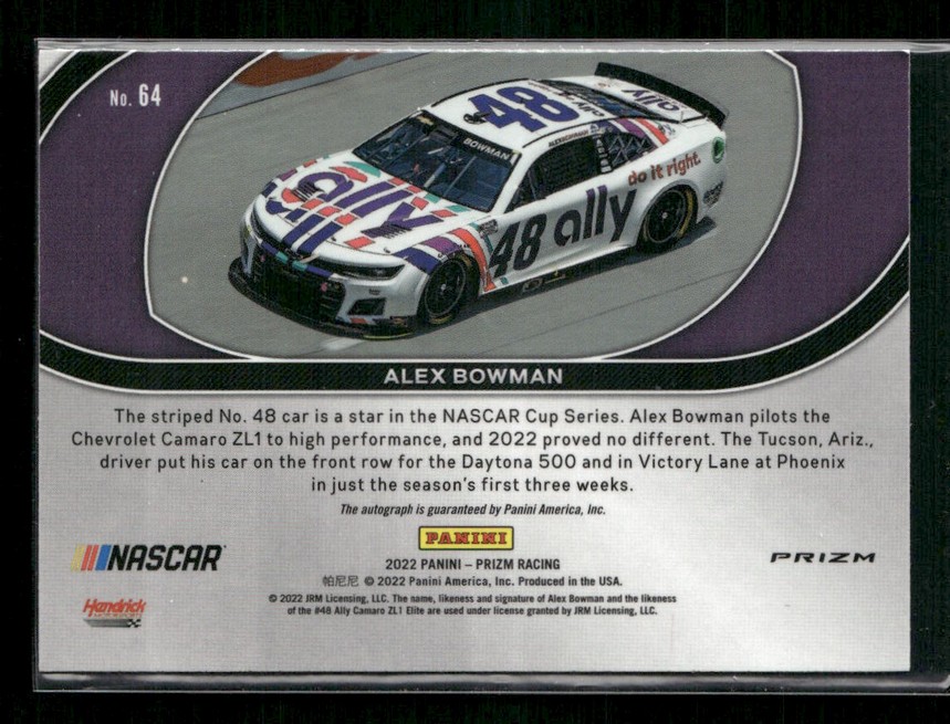 Trading card of NASCAR driver Alex Bowman’s No. 48 Chevrolet Camaro on track, with Panini and NASCAR logos and bio text on the back.