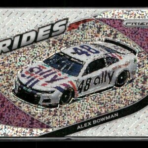 Holographic trading card showing NASCAR driver Alex Bowman’s No. 48 Ally car on a glittery background with 'RIDES' text.