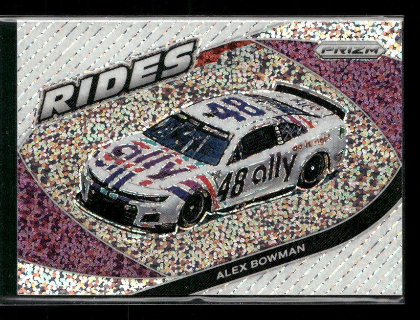 Holographic trading card showing NASCAR driver Alex Bowman’s No. 48 Ally car on a glittery background with 'RIDES' text.