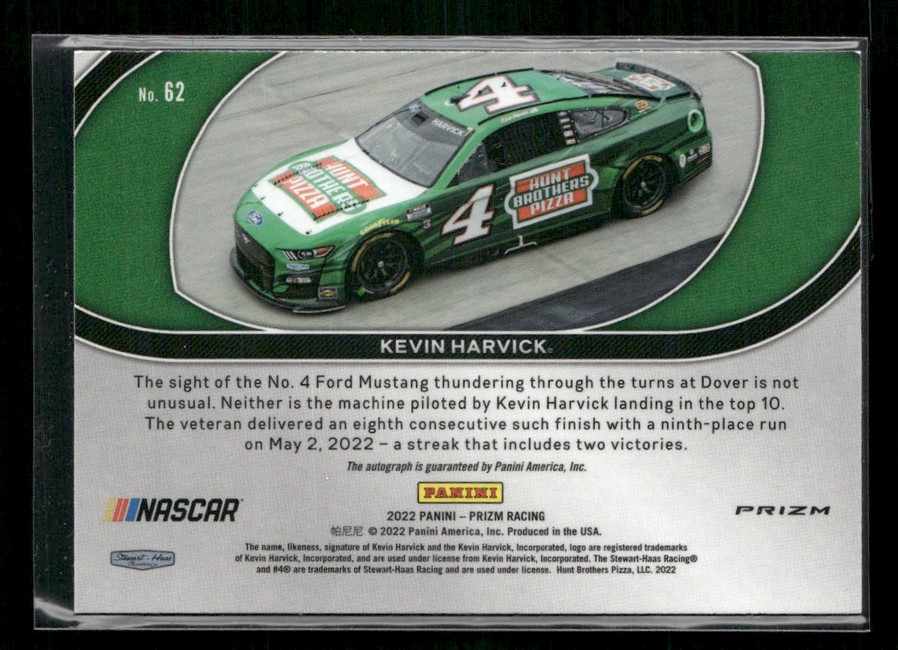 Panini NASCAR trading card back featuring Kevin Harvick’s green No. 4 Ford Mustang with Hunt Brothers Pizza sponsorship on a race track curve, No. 62 shown.
