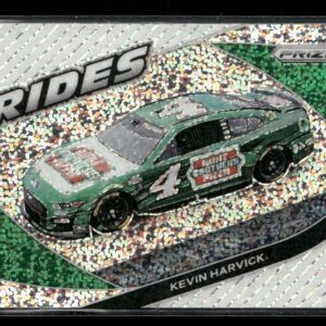 Trading card featuring a green No. 4 NASCAR car driven by Kevin Harvick on a glittery, mosaic background labeled RIDES II or similar title motif.