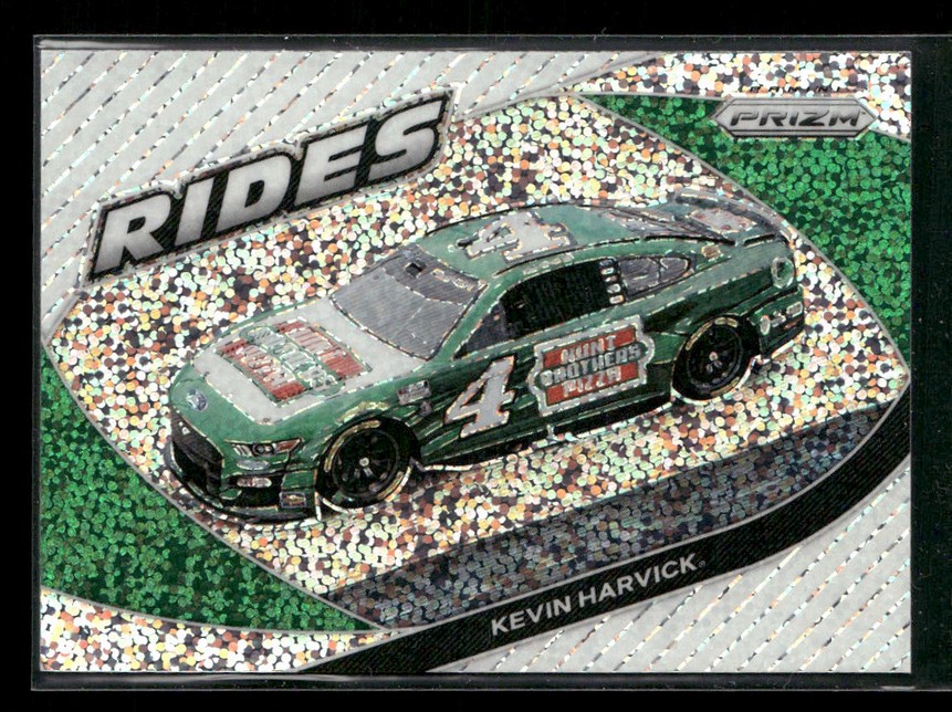 Trading card featuring a green No. 4 NASCAR car driven by Kevin Harvick on a glittery, mosaic background labeled RIDES II or similar title motif.