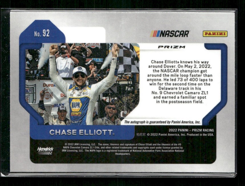 NASCAR Panini trading card No. 92 featuring Chase Elliott, with a celebration photo and a text panel on the right.