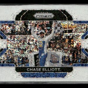 Trading card image of NASCAR driver Chase Elliott celebrating with arms raised on a podium, blue racing suit, crowd behind him, holographic foil design.