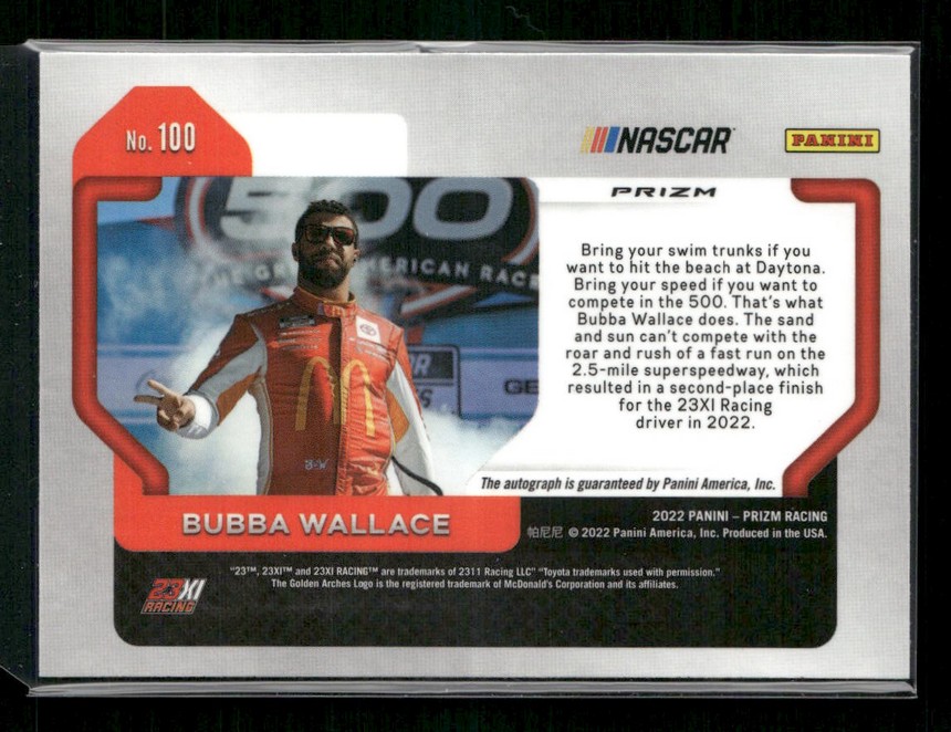 Panini NASCAR trading card featuring Bubba Wallace in a red racing suit, with 'No. 100' and his name displayed, and logos for NASCAR and Panini.Prizm Racing context visible in the design.