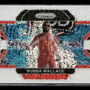 Bubba Wallace in a red racing suit on a holographic Prizm trading-card background.
