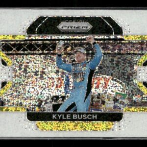 Kyle Busch NASCAR trading card with a holographic Prizm border showing him celebrating victory