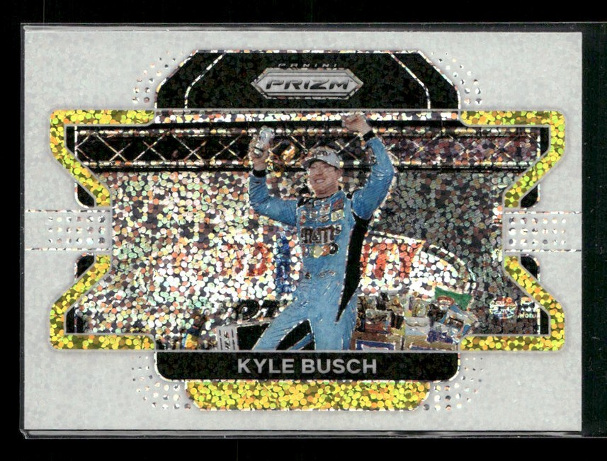 Kyle Busch NASCAR trading card with a holographic Prizm border showing him celebrating victory