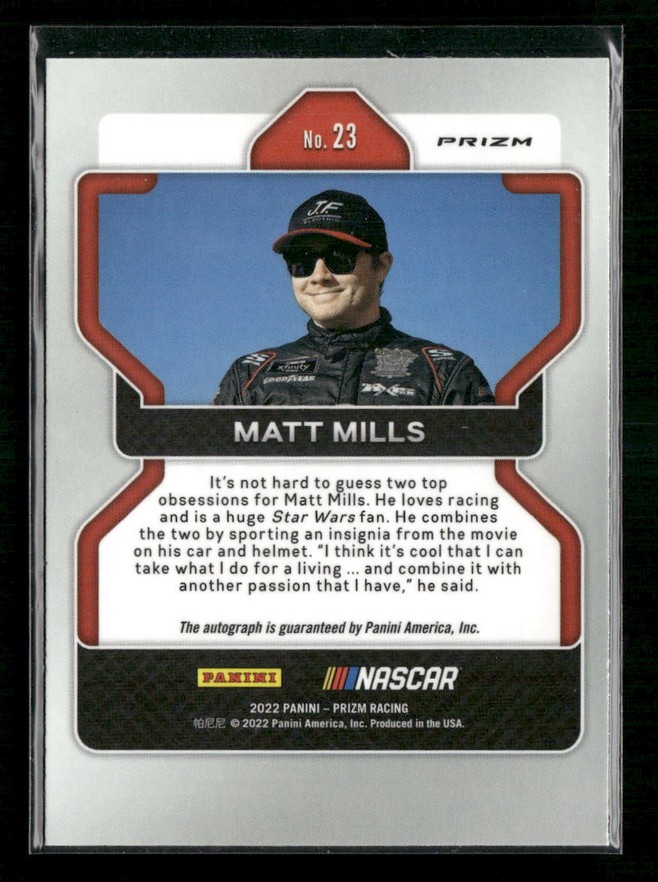 Back of a Panini NASCAR Prizm trading card featuring Matt Mills portrait (No. 23) framed in red, with branding and a bio paragraph below.
