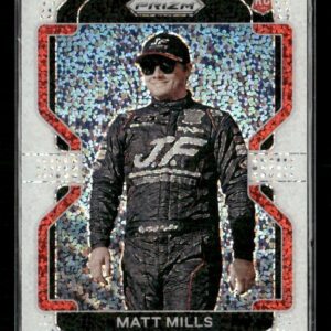 Holographic trading card featuring race car driver Matt Mills in a black racing suit and cap, standing with hands at his sides; 'MATT MILLS' shown at the bottom, with a rookies/RC marking near the top right.