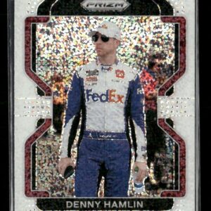 NASCAR driver Denny Hamlin in a white FedEx racing suit with blue sleeves, wearing sunglasses and a cap, on a holographic trading card.